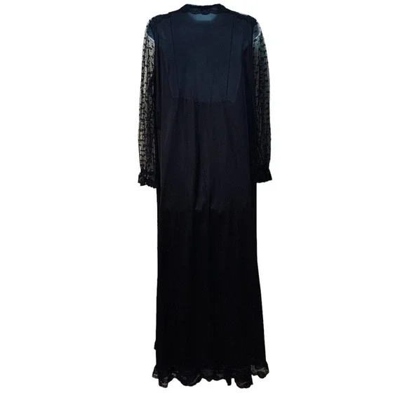 Vintage Black Nylon Sheer Lace Peignoir Robe Nightgown Negligee Long Gown Set M Intimates Sleepwear